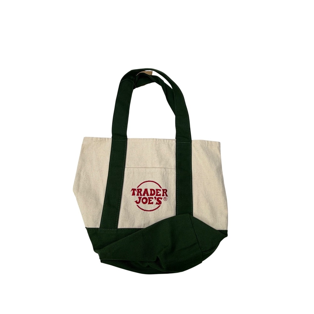 Trader Joe's Mini Canvas Tote Bag Green Cream Viral Limited‎ Edition NWT Boho